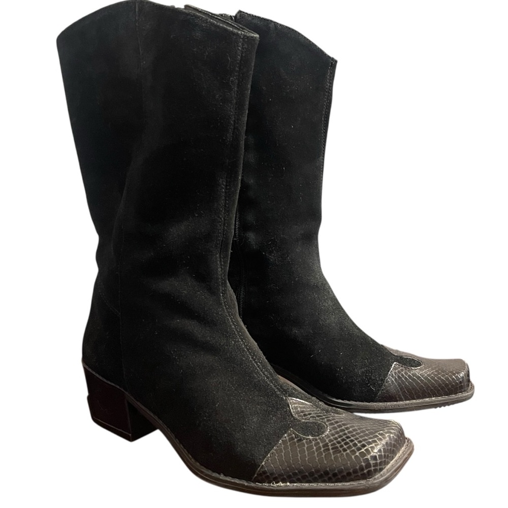Vintage Westies Black Leather Suede Heeled 90s‎ Y2K Fashion Boots Women's 8